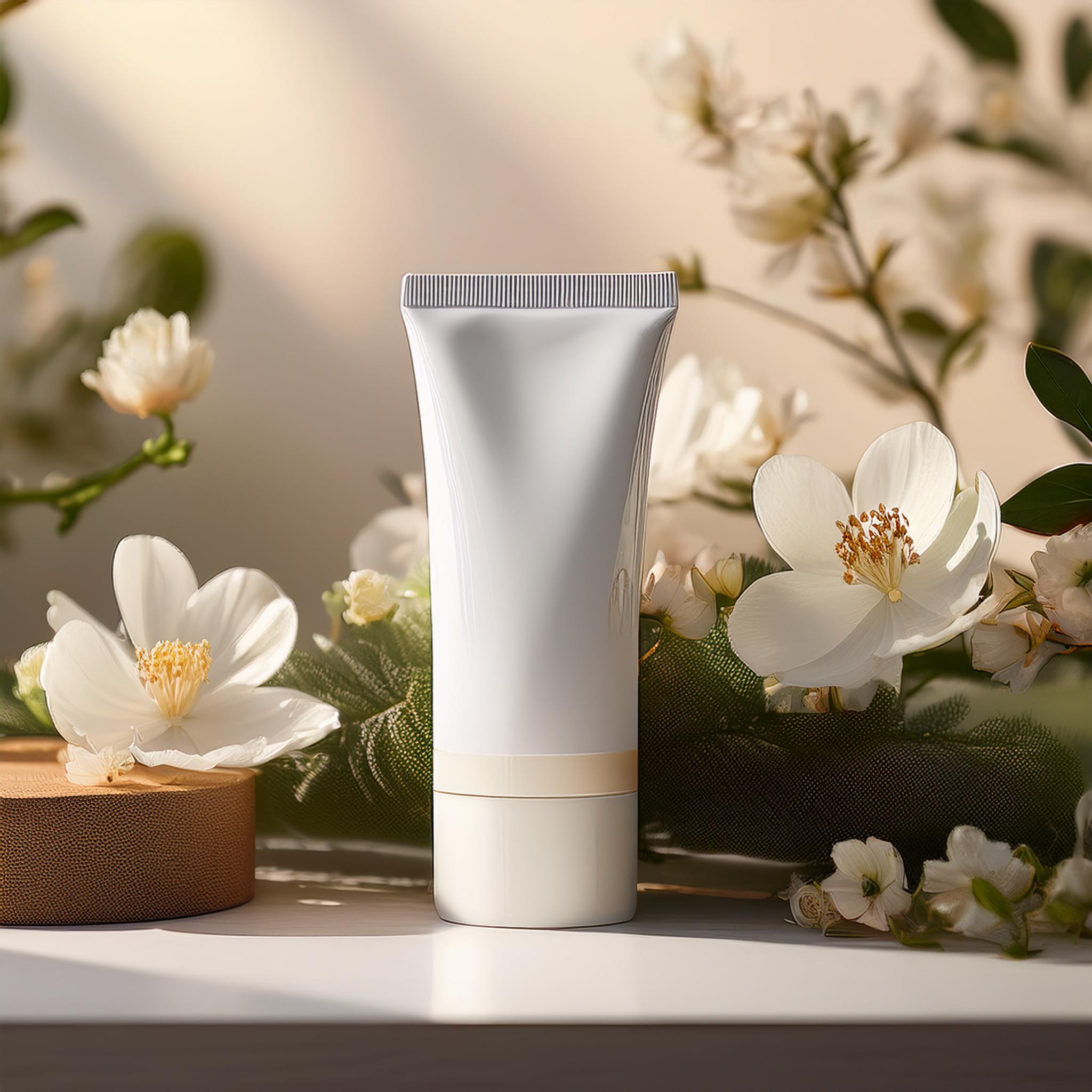 Firefly one hyperrealistic fluid drop packaging on a light podest with floral deco 85097
